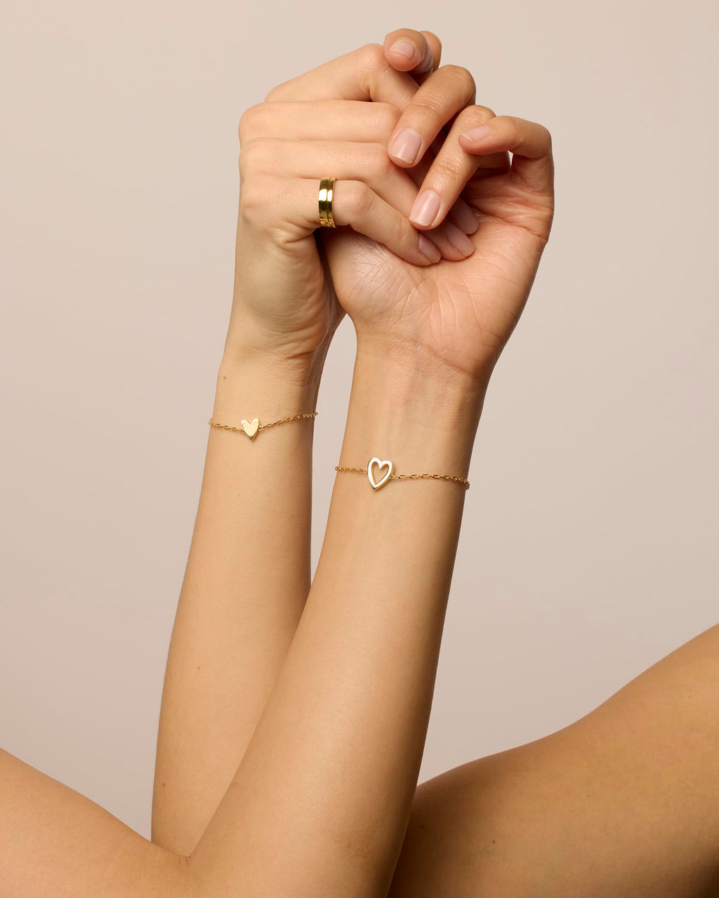 PAVOI 14K Yellow Gold Plated Matching Heart Charms Solitaire Bracelet Set for Women | Adjustable Valentines Day Love Friendship Two Bracelet Pack