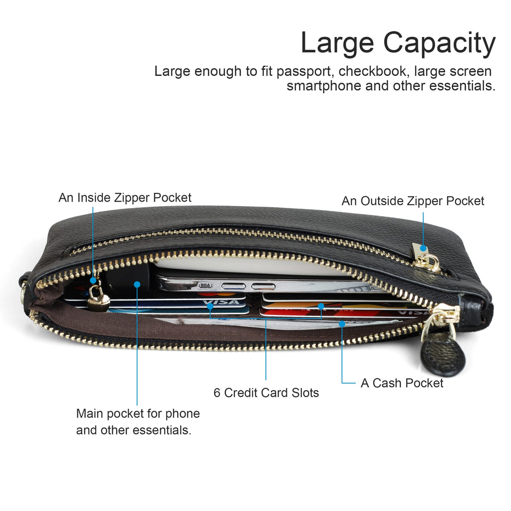 befen Genuine Leather Wristlet Clutch RFID Blocking Bag Cell Phone Wallet Purse Smartphone Wristlet Wallet Purses and Handbags for Women, Diamond Quilted Black