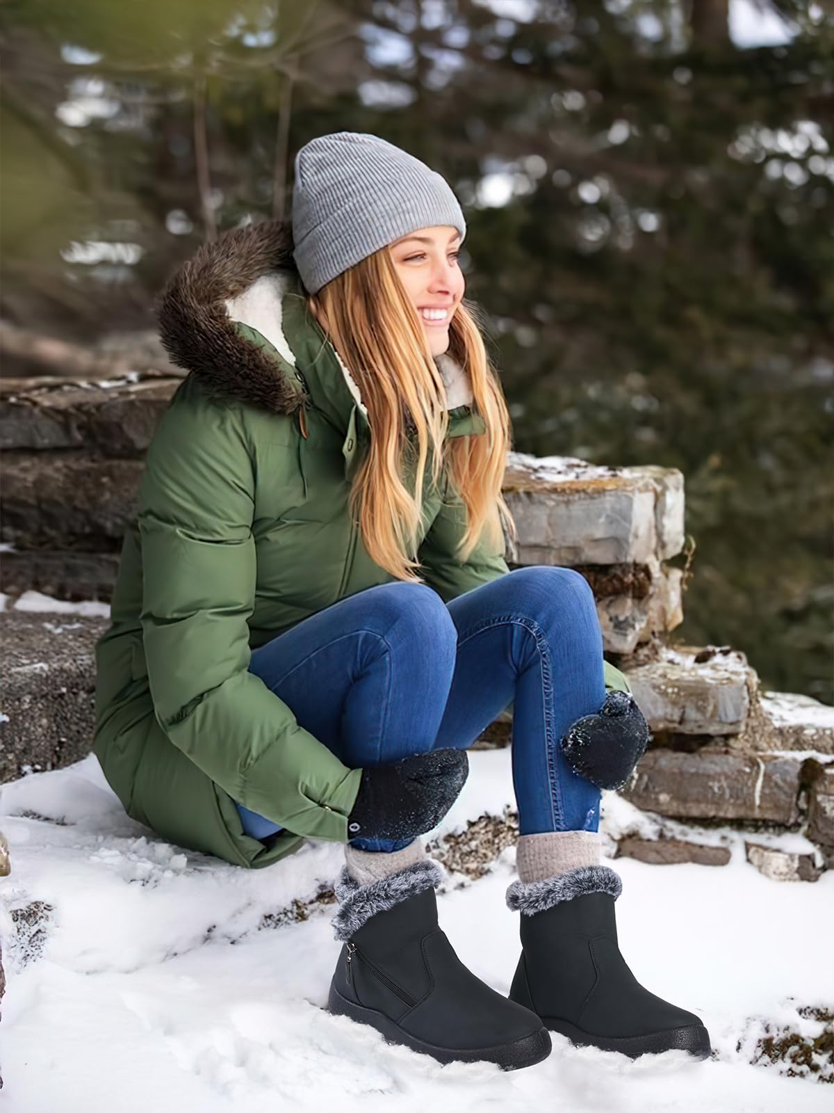 SHIBEVER Winter Boots for Women Waterproof: Womens Snow Boots Warm - Black Size 8 Ankle Fur Lined Insulated Winter Shoes