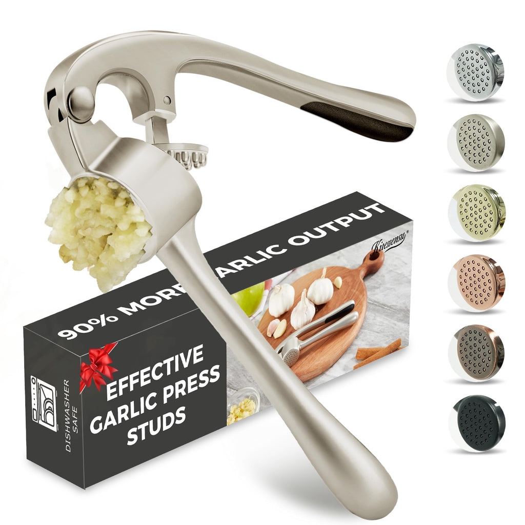 Kitessensu High Effective Garlic Press With Studs, Heavy Duty Garlic Mincer, Easy to Squeeze and Clean, Rust Proof, Ginger Crusher- Imperial Silver