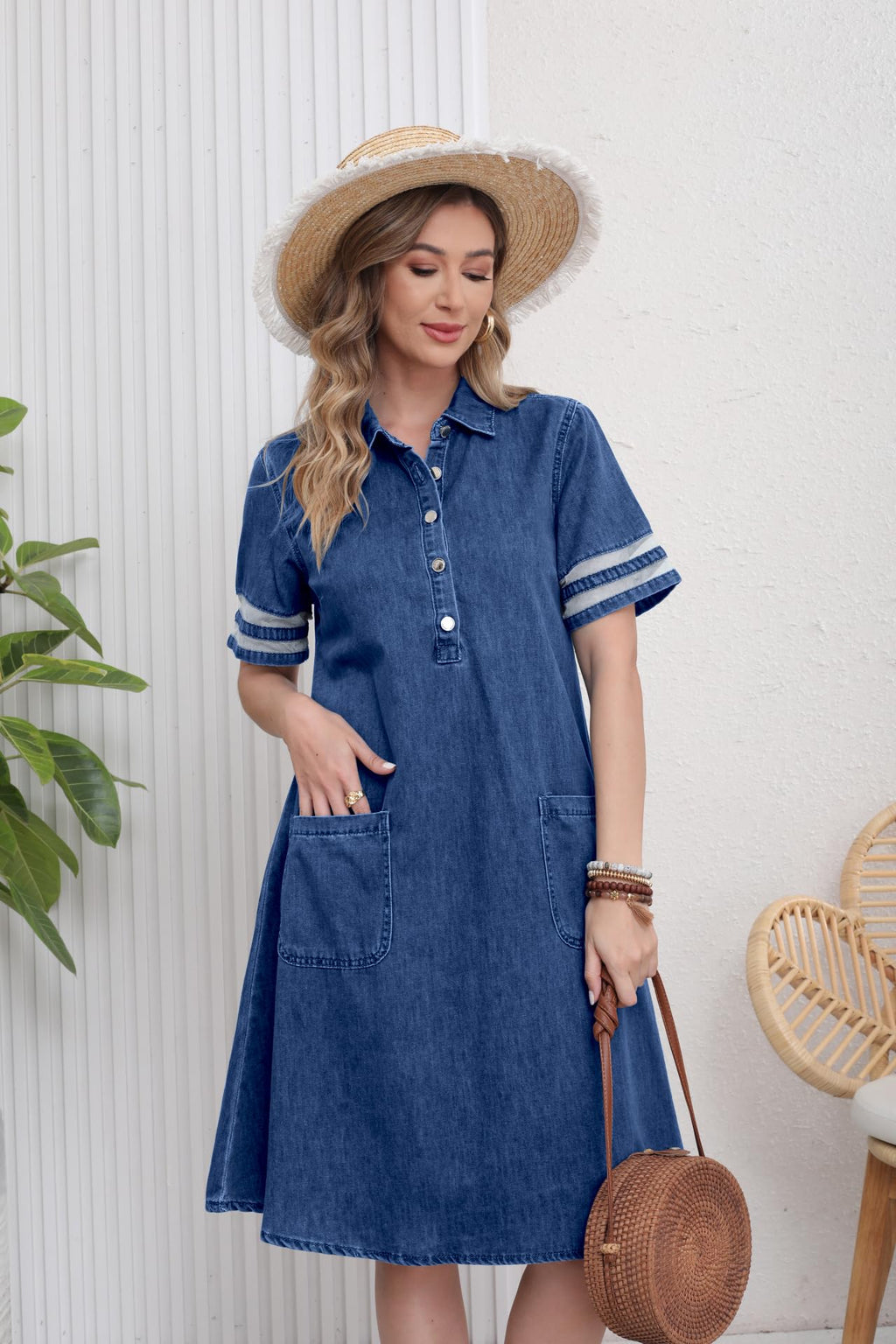 utcoco Denim Dress for Women 2025 Casual Tulle Short Sleeve Button Jean Midi Dress with Pockets (Large, Dark Blue)