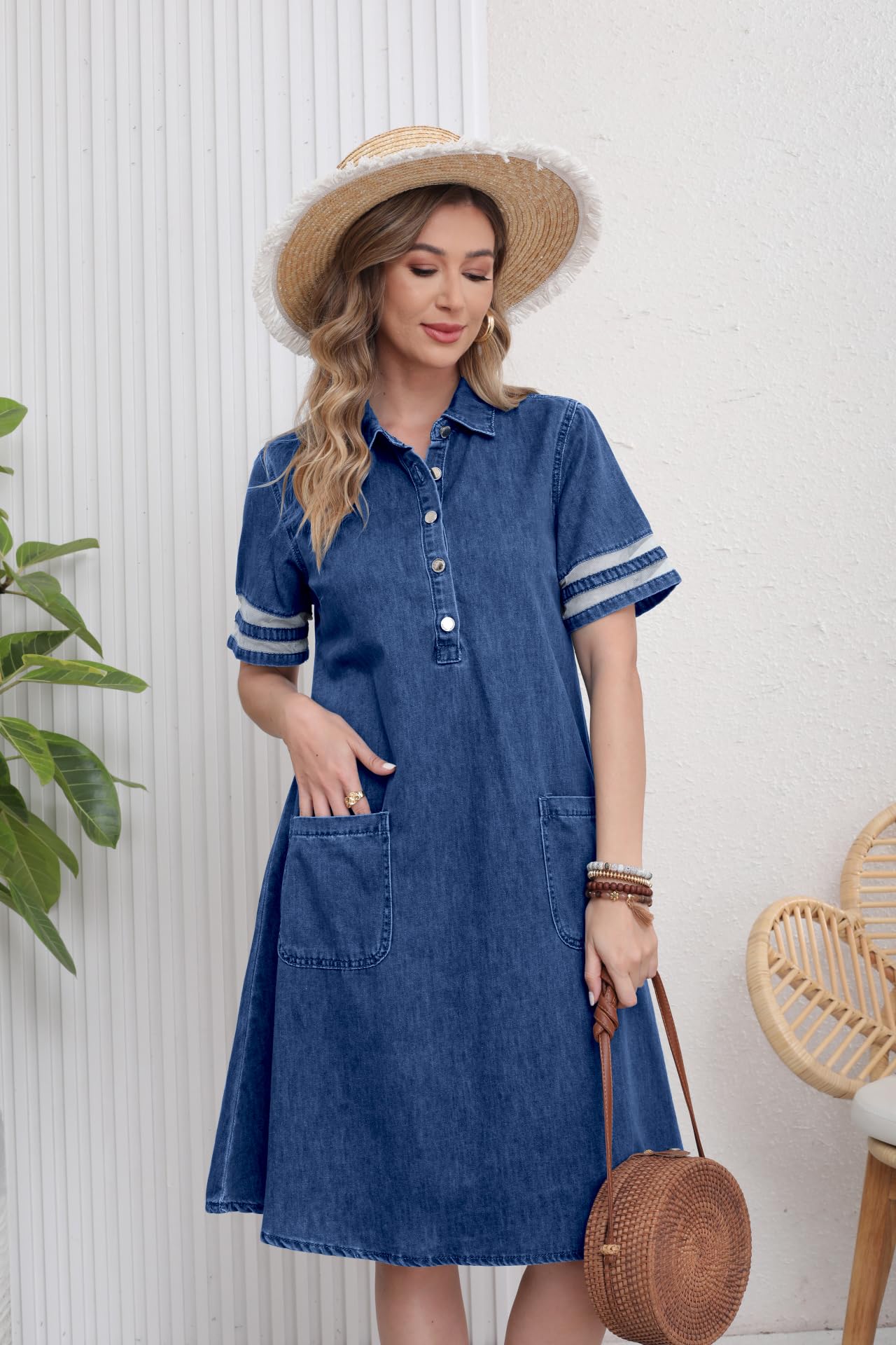 utcoco Denim Dress for Women 2025 Casual Tulle Short Sleeve Button Jean Midi Dress with Pockets (Large, Dark Blue)