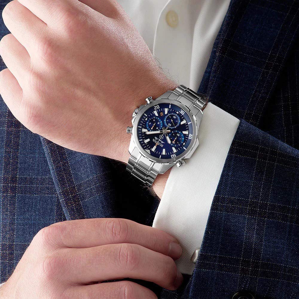 Bulova Men's Marine Star Series B Stainless Steel 6-Hand Chronograph Quartz Watch, Blue Dial Style: 96B256