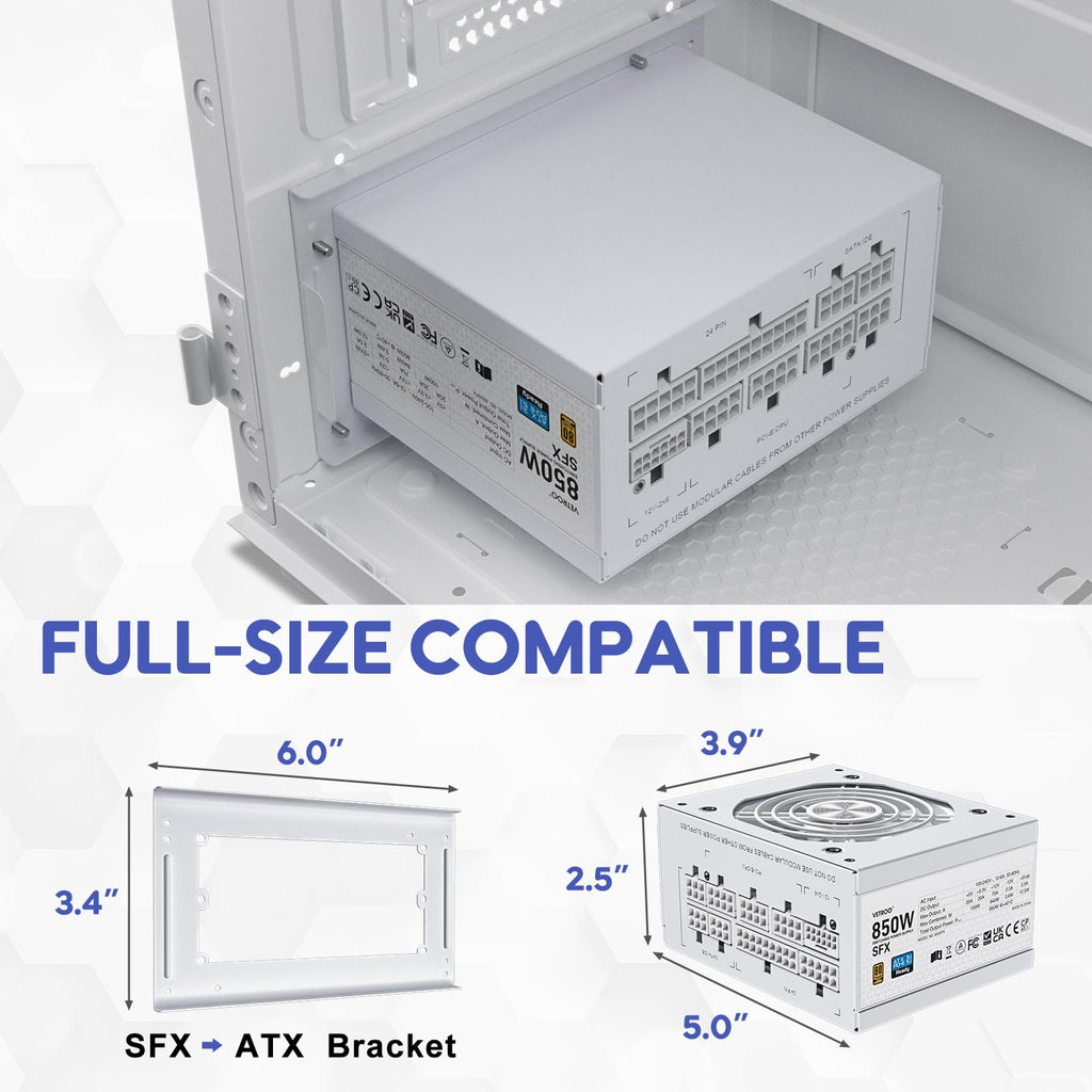 Vetroo 850W SFX Power Supply ATX 3.1 & PCIE 5.1 Ready, 80 Plus Gold Certificate Fully Modular, 90mm FDB Fan for Low-Noise Operation, SFX-to-ATX Bracket, 10-Year Warranty - White