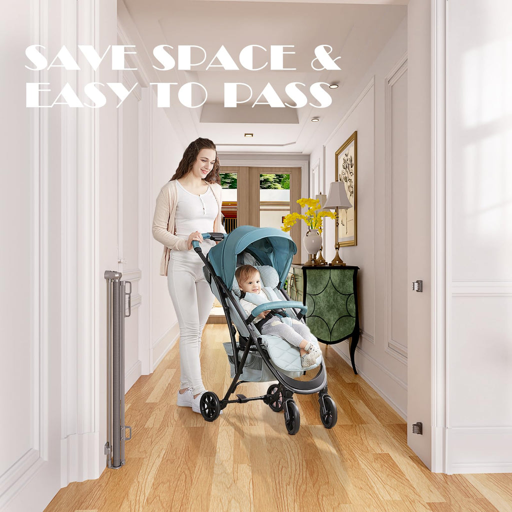 Babepai Retractable Baby Gates Extra Wide | 55" Wide x 38" Tall Dog Gates for Stairs | Indoor/Outdoor Use | Child Gates for Doorways, Deck, Porch, Hallways, Patio - Gray
