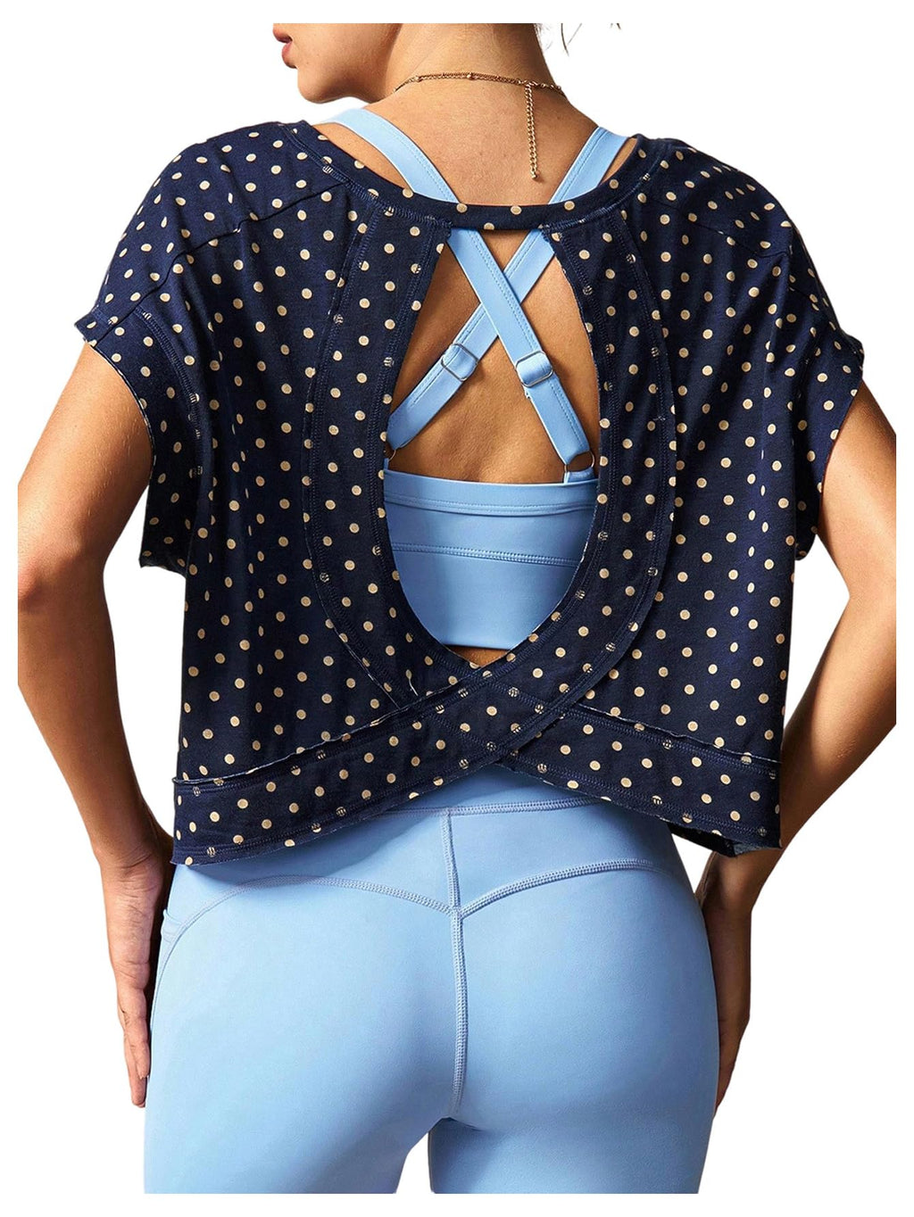 WDIRARA Women's Polka Dots Open Back Workout Tee Shirt Short Sleeve Athletic Shirts Running Gym Yoga Tops Dark Blue Small