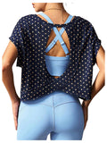 WDIRARA Women's Polka Dots Open Back Workout Tee Shirt Short Sleeve Athletic Shirts Running Gym Yoga Tops Dark Blue Small
