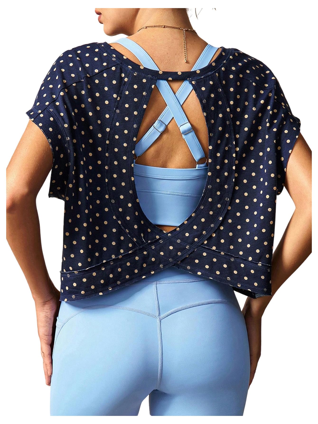 WDIRARA Women's Polka Dots Open Back Workout Tee Shirt Short Sleeve Athletic Shirts Running Gym Yoga Tops Dark Blue Small