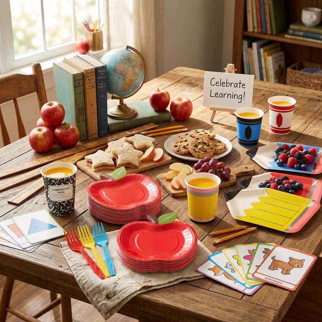 120 PCS Back to School Party Supplies, School Paper Plates and Napkins Set for 24 Guests, Pencil Shaped Plates, Composition Book & Notebook Napkins, 9 oz Cups, Forks, Classroom First Day of School