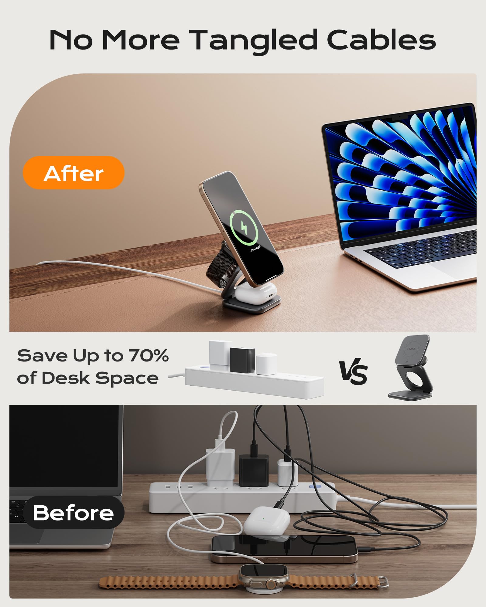 KU XIU Qi2.2 25W Magnetic Wireless Charger, Foldable 3 in 1 Travel Charging Station for iPhone 17/16/15/14/13/12, 5W for Apple Watch & AirPods, Aluminum Alloy Design, 45W GaN Adapter Included, Gray