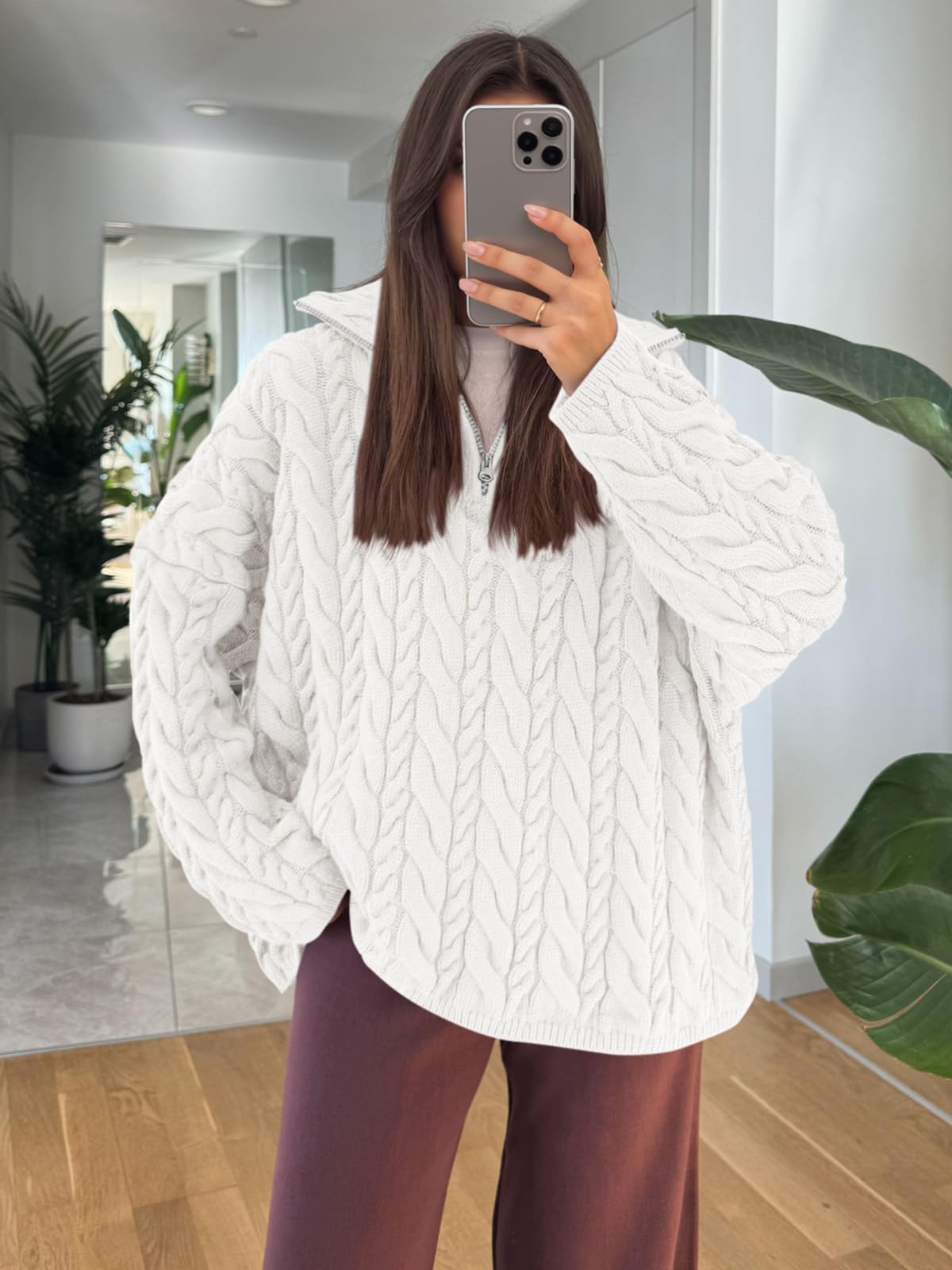 PRETTYGARDEN Womens Spring Sweaters 2026 Long Sleeve Quarter Zip Pullover Sweater Casual Loose V Neck Cable Knit Jumper Tops (White, Large)
