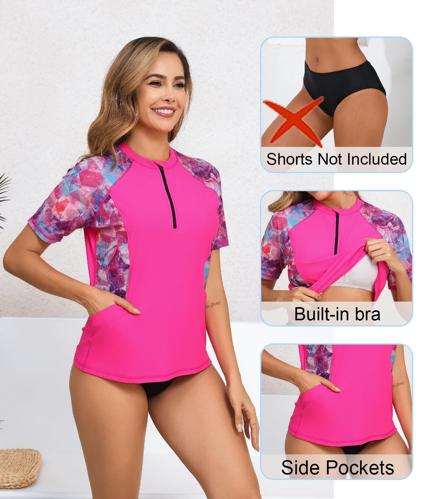 Halcurt Women's Half Zip Short Sleeve Rash Guard Top with Bra Side Pockets Swim Shirts UPF50+ Swimsuit Hot Pink Purple Geometric M