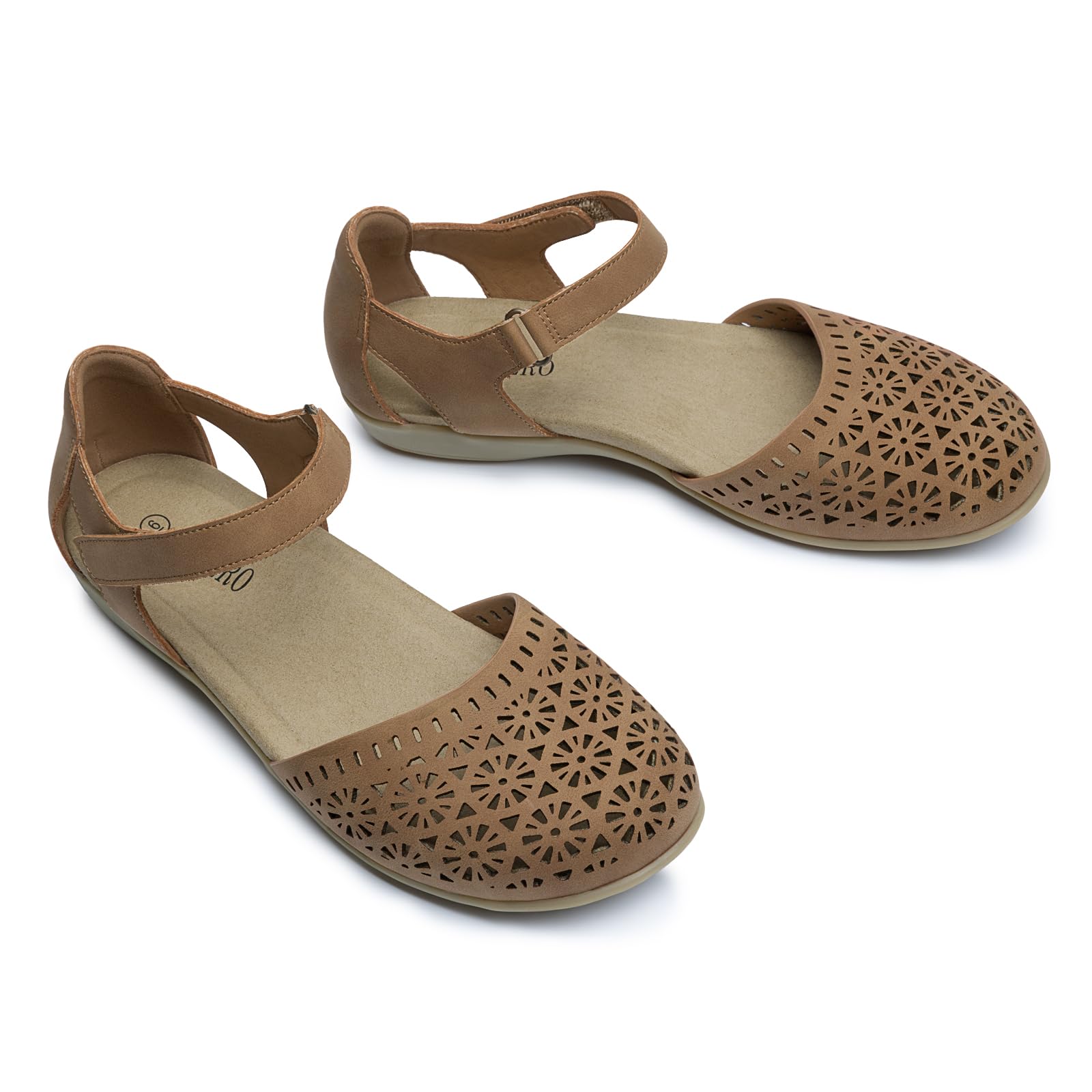 Rihero Summer Closed Toe Sandals Women Orthopedic Cute Beach Sandals for Women Lightweight Non Slip Arch Support Flat Shoes with Adjustable Strap Tan Hollow 7.5