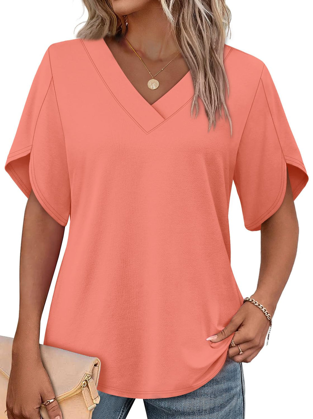WIHOLL Plus Size Spring Break Essentials Summer Tops Short Sleeve Shirts V Neck Flowy Tops and Blouses Dressy Casual Fahion Clothing Coral XXL