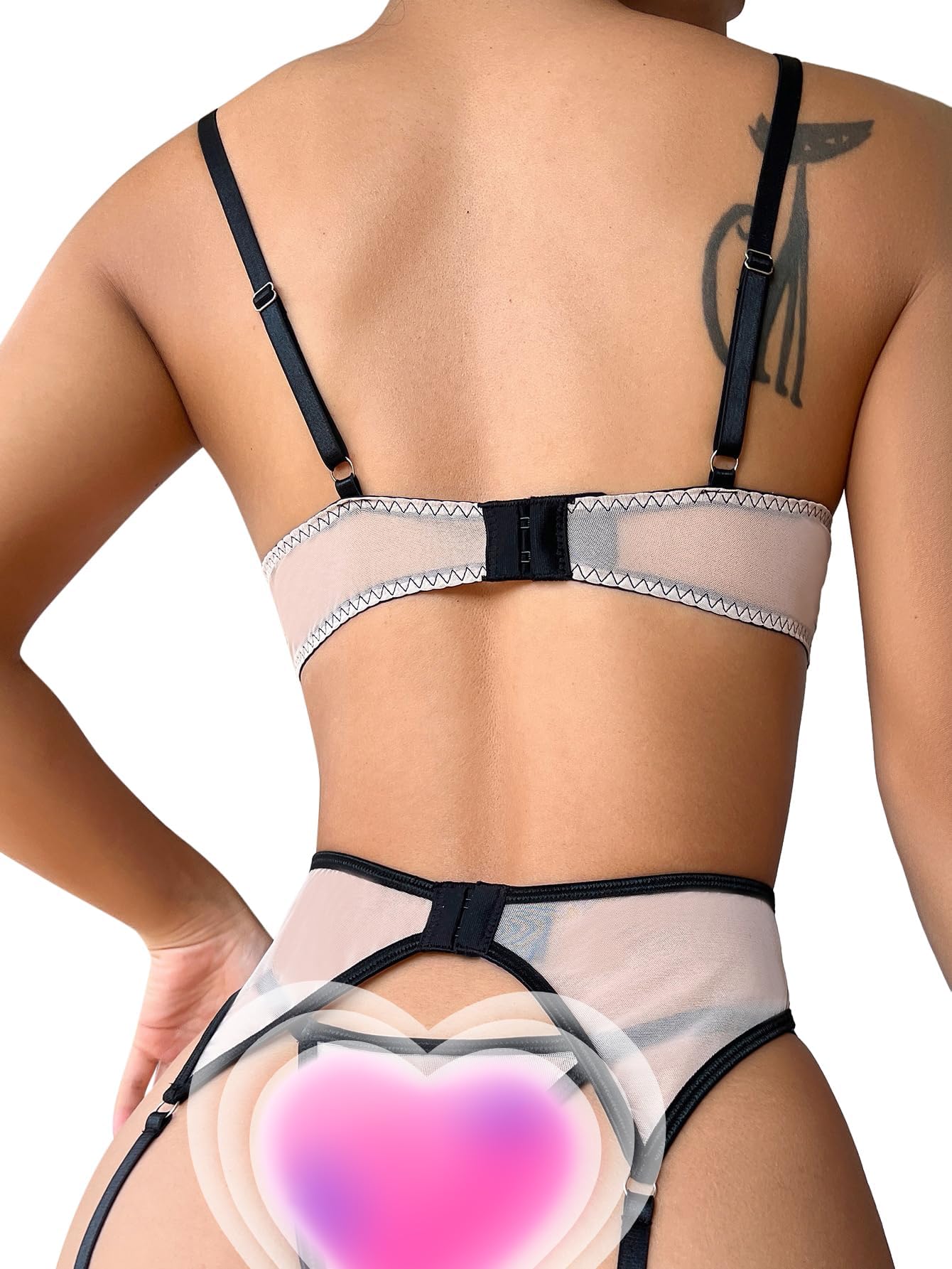 Lilosy Petite Sexy Floral Embroidery Mesh Sheer Underwire Push Up Garter Belt Lingerie Set Women See Through Bra Panty 3 Piece Black 3X-Small