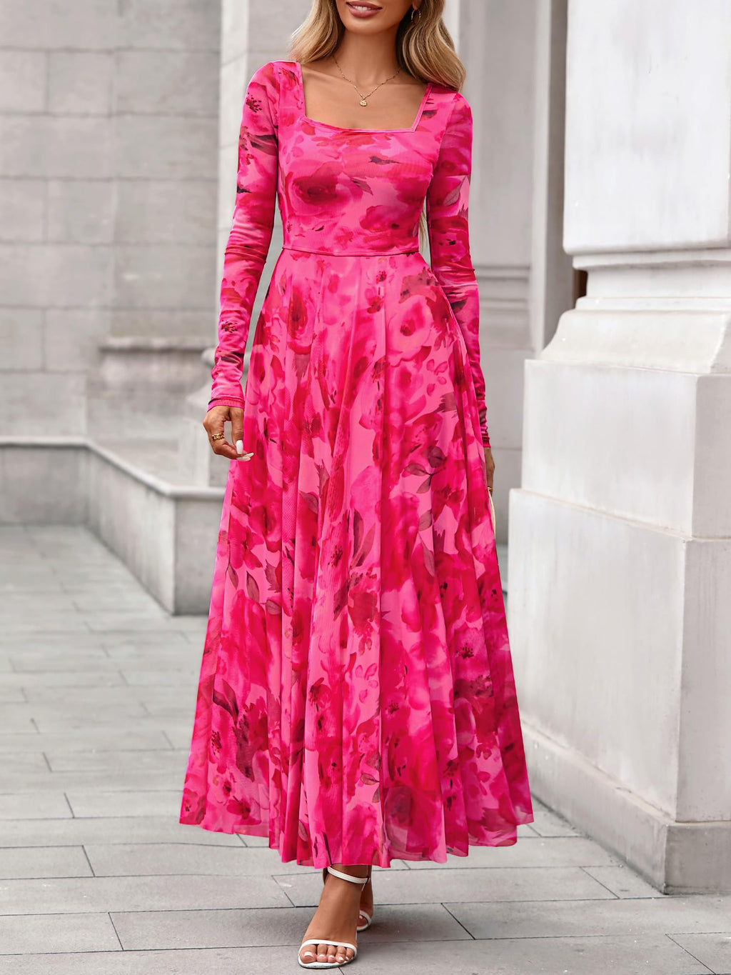 BTFBM Women Maxi Dress Fall 2026 Fashion Elegant Long Sleeve Square Neck Floral Print Party Club Wedding Guest Dresses(Floral Pink,Small)
