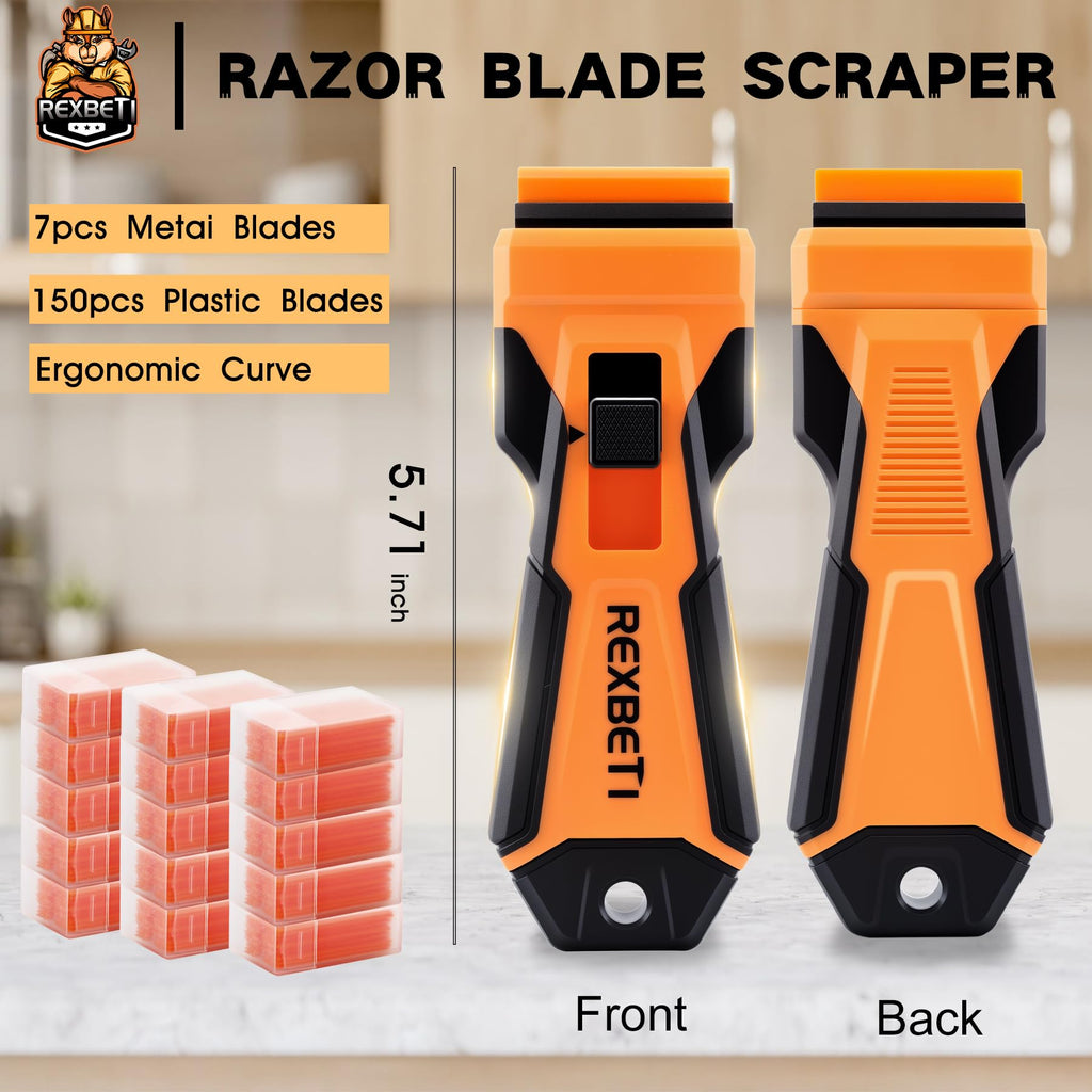 REXBETI Razor Blade Scraper Tool, 1 Pack Razor Scraper with Extra 157Pcs Razor Blades -7Pcs Metal and 150Pcs Plastic Blades, Cleaning Scraper Tool, Cooktop, Paint, Glass Scraper