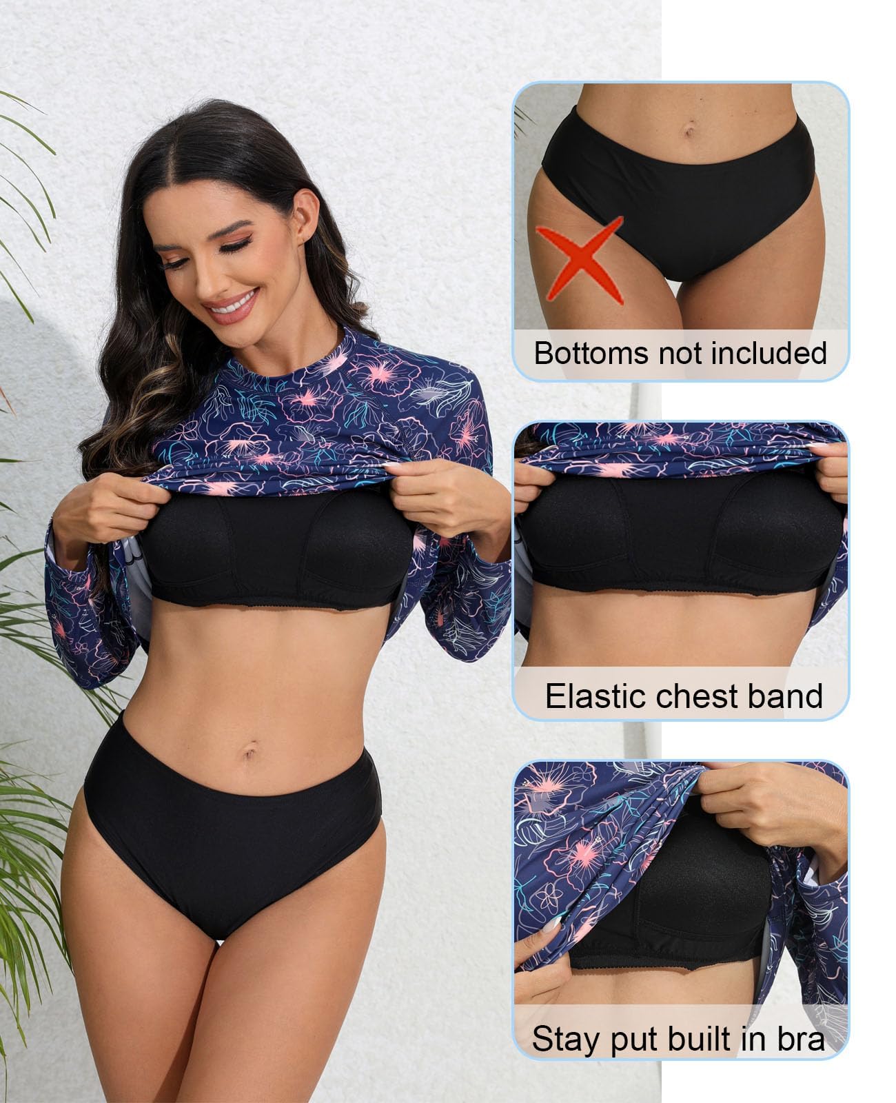 Halcurt Womens Long Sleeve Rash Guard Swim Shirts with Built in Bra UPF50+ Sun Protection Swimsuit Top Navy Floral M