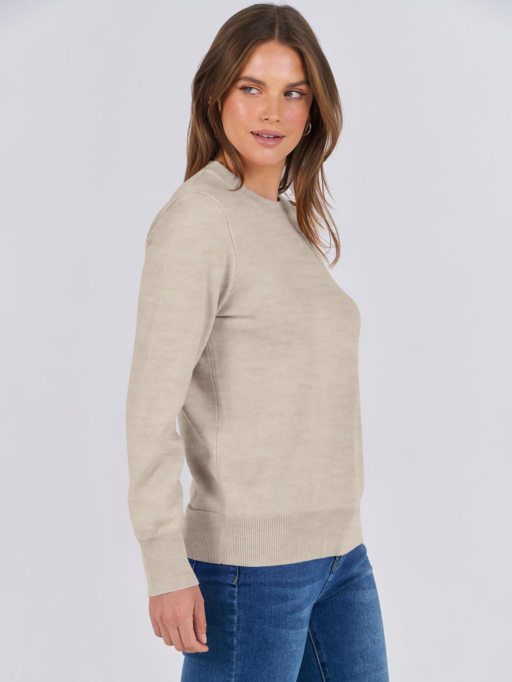 ANRABESS Sweaters for Women Long Sleeve Lightweight Crewneck Soft Basic Knit Loose Fit Pullover Top 2025 Fall Trendy Outfits Almond Small