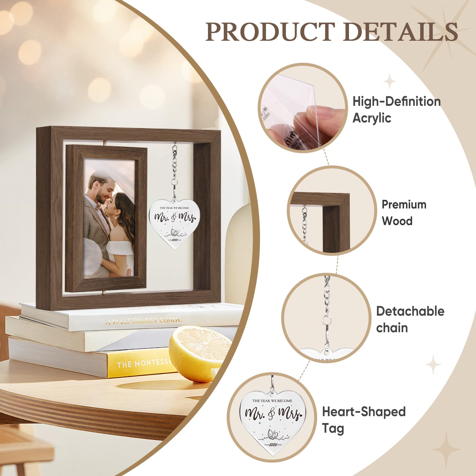 PIKPEOD Rotating Wedding 2026 Picture Frame 4x6 - Bridal Shower & Engagement Gifts for Couples & Newlyweds - Mr & Mrs Personalized Gifts (brown)