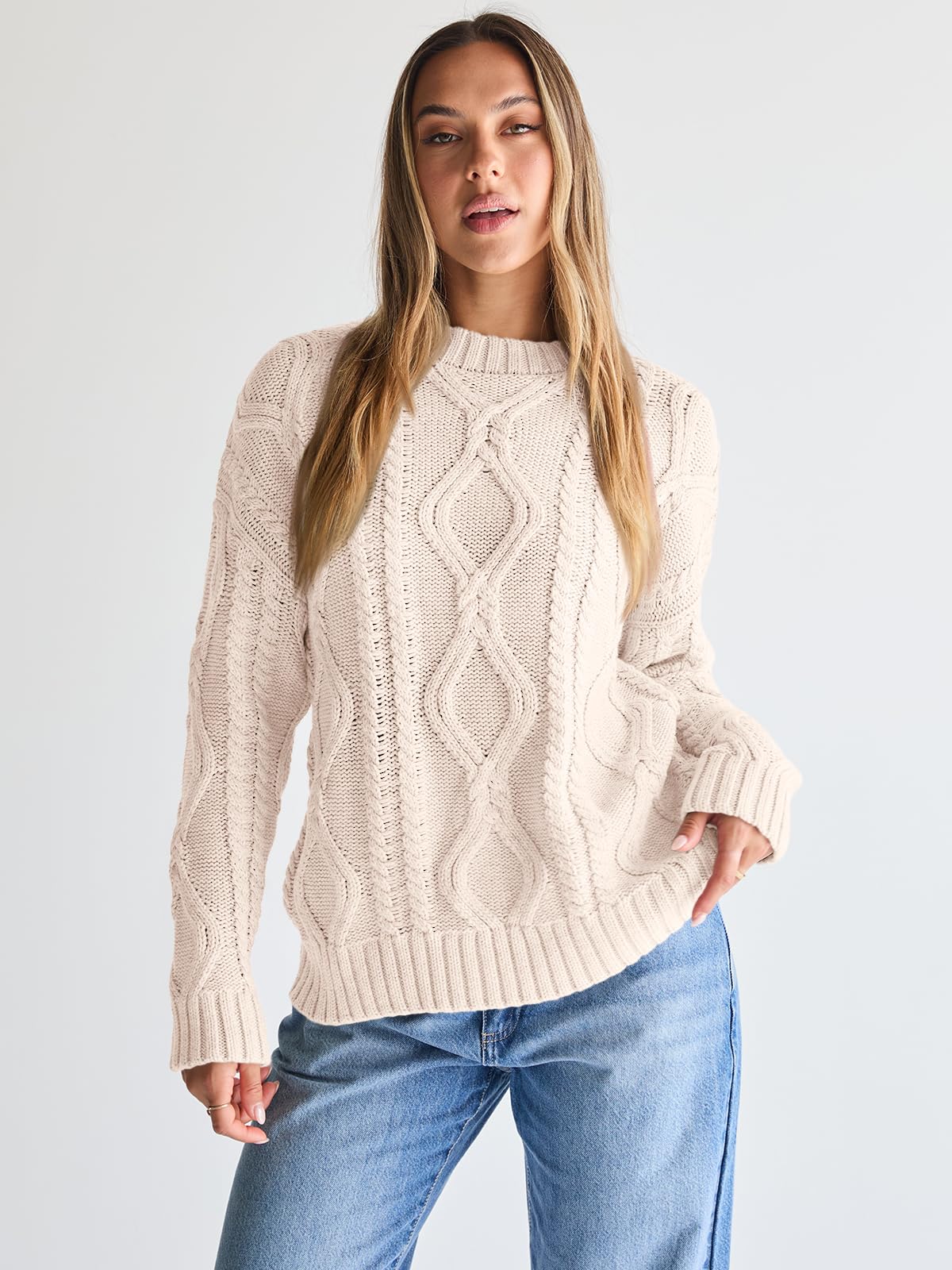 Trendy Queen Oversized Sweaters Womens 2026 Early Fall Fashion Clothes Cable Knit Crewneck Plus Size Pullover Cute Luxury Outfits Chunky Long Tunic Top Winter Holiday Thanksgiving Clothing Cream