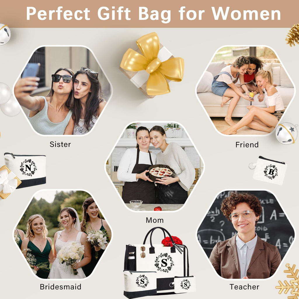 Adoryoung Monogram Personalized Initial Canvas Tote Bags for Women, Double-sided Embroidery Tote Beach Bags Gifts for Women (S)