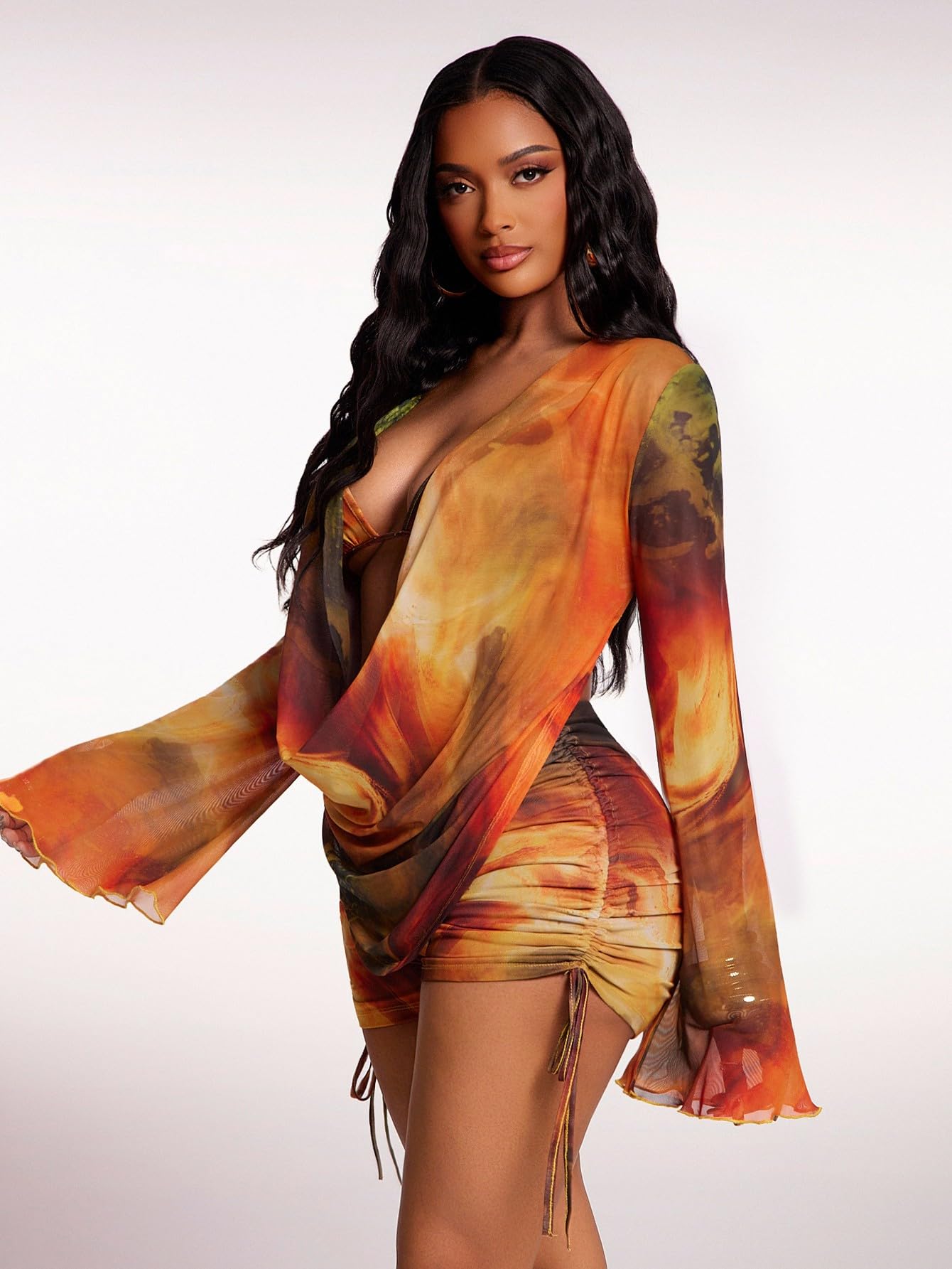 WDIRARA Women's Tie Dye 3 Piece Outfits Draped Mesh Ruched Shorts Set Beach Vacation Outfits Multicolor X-Large
