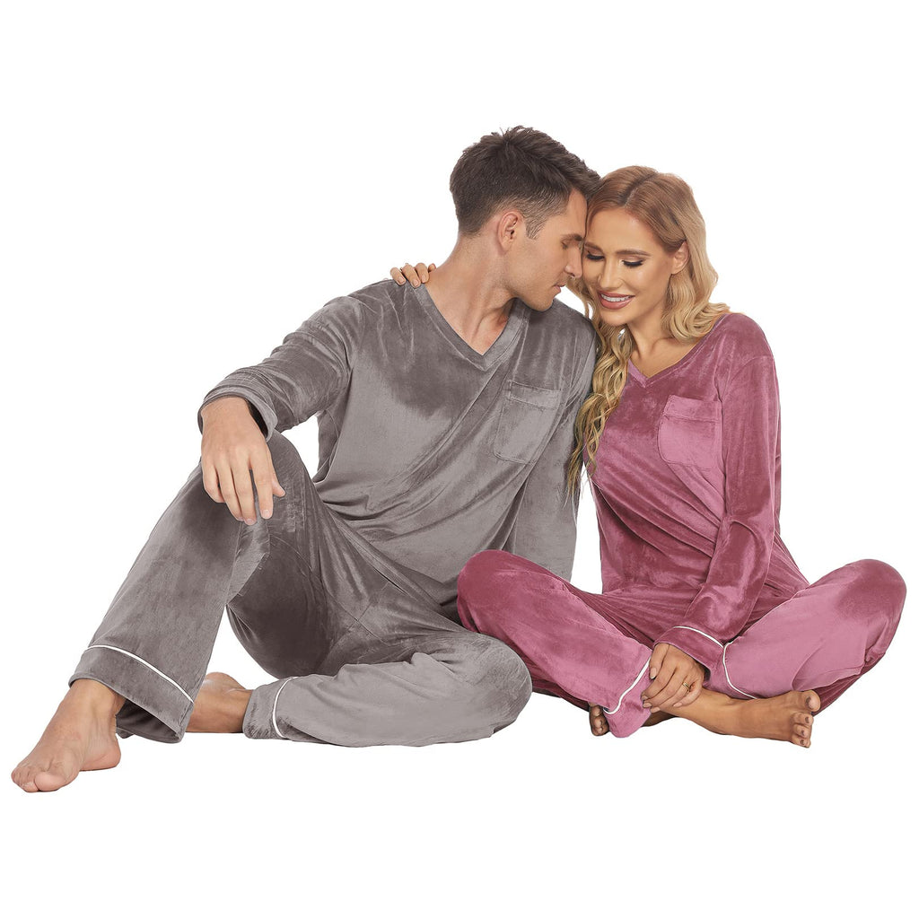 Ekouaer Couples Matching Pajamas Sets Velvet PJs Set for Men and Women Velour Long Sleeve Sleepwear S-XXL Pink