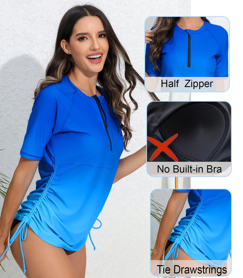 Halcurt Women's Half Zip Short Sleeve Rash Guard Swim Shirt with Tie Drawstring UPF50+ Swimsuit Top Ombre Light Blue 2XL