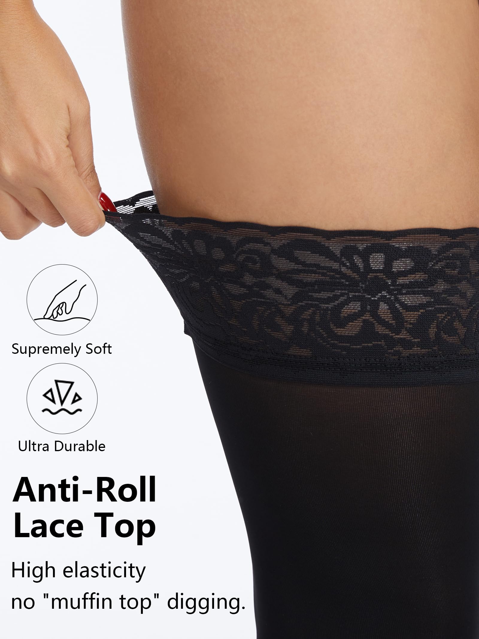 Amzshe Ultimate Durability Thigh High Stockings for Women, Rip Resistant Lace Tights with Silicone, 60D Stay Up Pantyhose