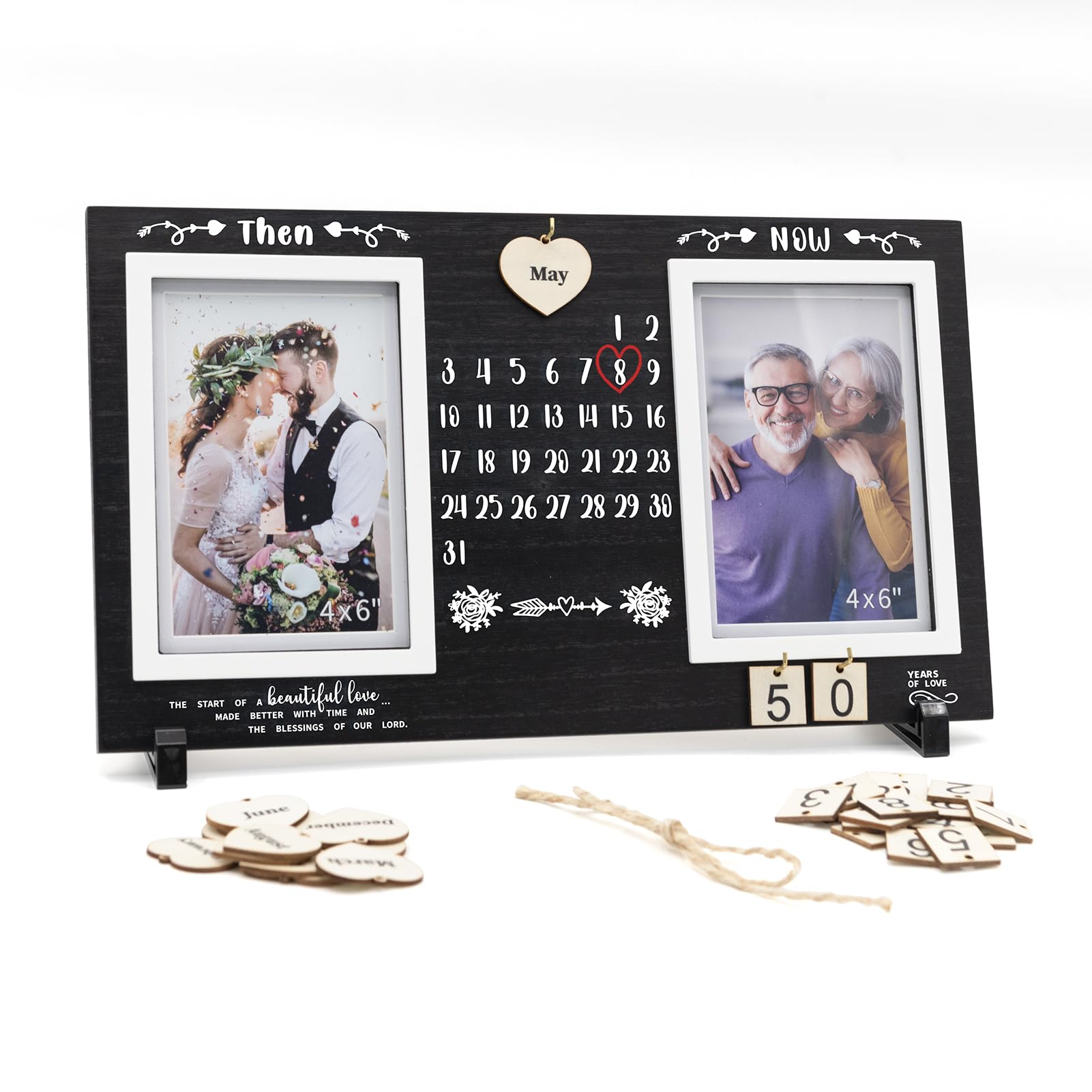DIY Anniversary Wooden Picture Frame — Then and Now Commemorative Gift Features Changable Wooden Month and Number Plates Wedding Anniversary Frame Retro Vintage Photo Frame Holds Two 4x6-inch photos
