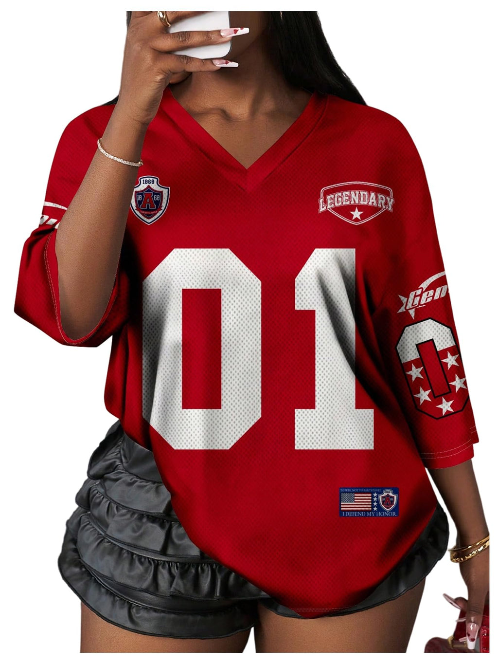 WDIRARA Women's Oversized Jersey Shirts Number Graphic Tee V Neck Half Sleeve T-Shirt Tops Red X-Large
