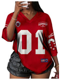 WDIRARA Women's Oversized Jersey Shirts Number Graphic Tee V Neck Half Sleeve T-Shirt Tops Red X-Large