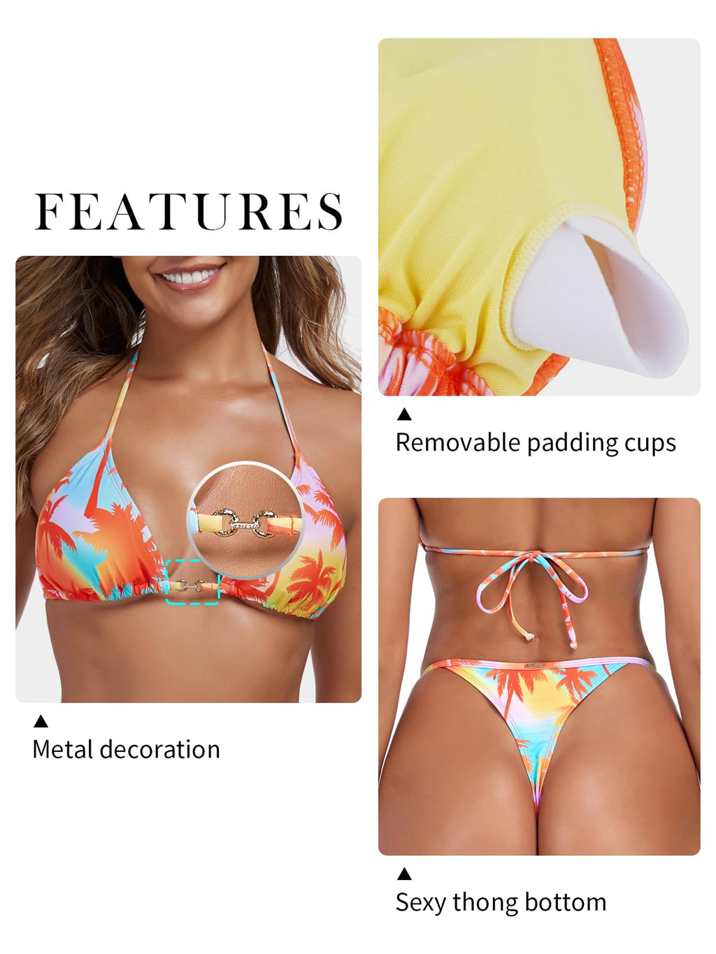 RELLECIGA Women's Thong Bikini Set Triangle Halter Sexy Brazilian Two Piece Swimsuit(Orange Coconut Tree,Large
