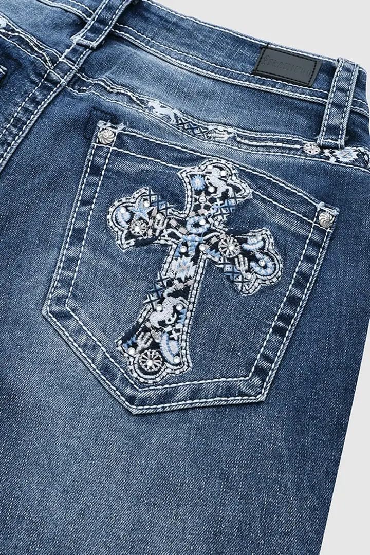 Flamingals Embroidered Bootcut Jeans for Women Mid Rise Stretchy Criss Cross Graphic Curvy Bell Bottom Jeans Navy Blue M