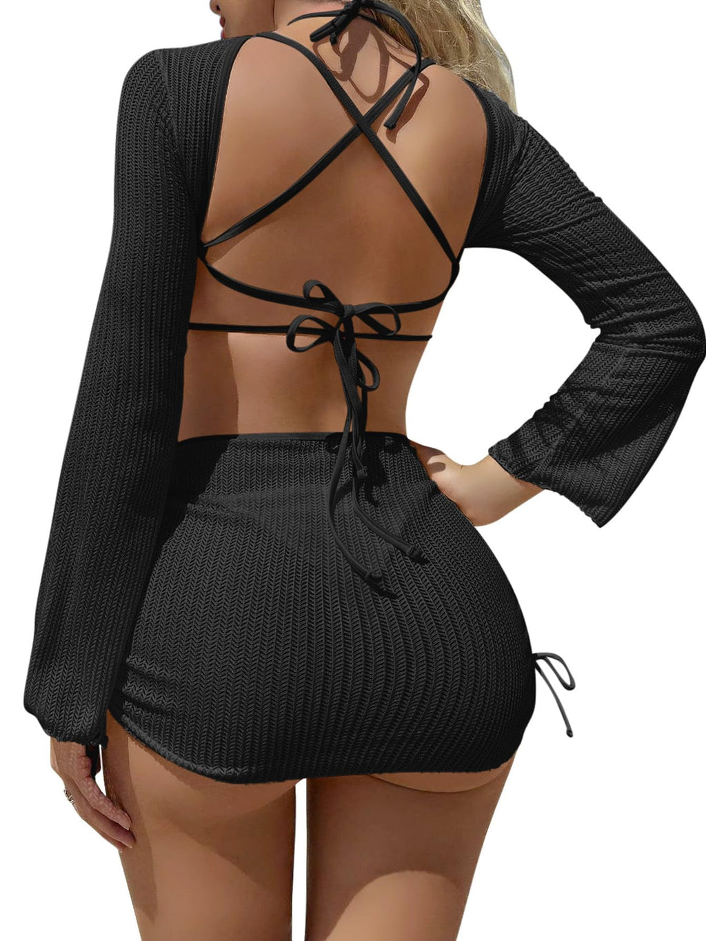 Lilosy Sexy O Ring Cutout Long Sleeve Swimwear Cover Ups Swimsuit One Piece Women Mesh See Through Bathing Suit Sheer Bikini Swim Beach Backless String Tie Side Dress Coverup Black Small