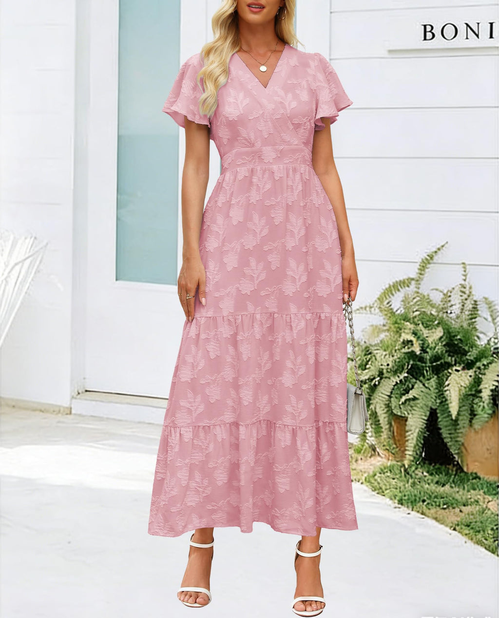 Womens Boho Floral Maxi Dress Elegant Wrap V Neck Short Flutter Sleeve Flowy Tiered A Line Summer Beach Wedding Guest Dresses (US, Alpha, Large, Regular, Regular, Pink)