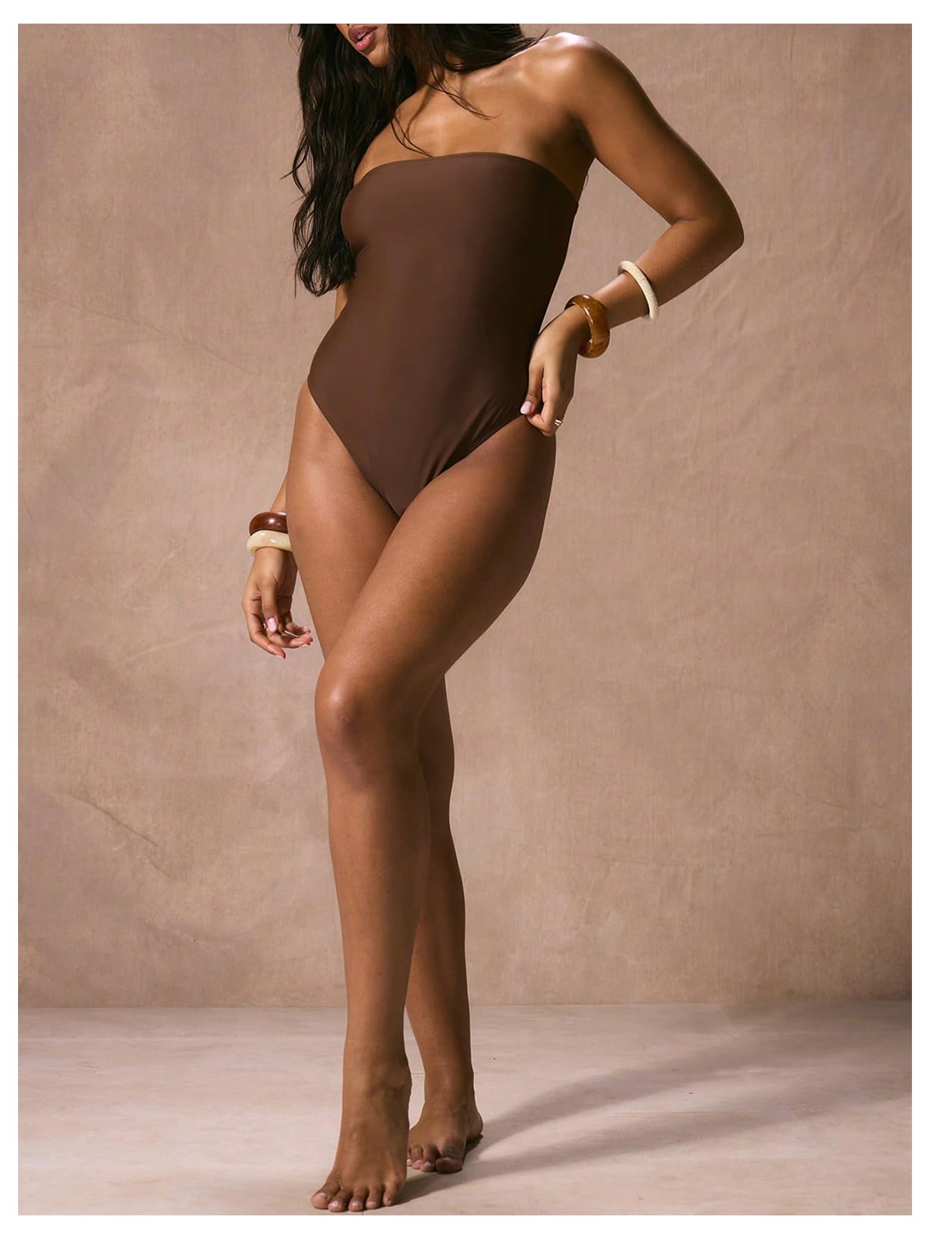 WDIRARA Women's One Piece Swimsuit Strapless Bandeau Bathing Suits Tummy Control Swimwear Coffee Brown X-Small
