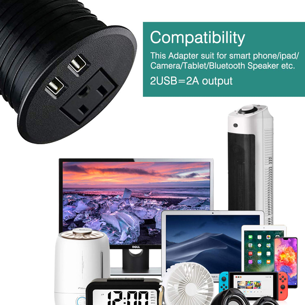 Desktop Power Grommet 2 3/8 inch Hole Table Power Grommet Outlet with 2 USB Charging Ports,6.5ft Extension Cord Desk Power Strip with 1 Outlets for Computer,Table, Kitchen, Office,Home,Hotel and More