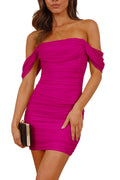 PRETTYGARDEN Cocktail Dresses 2025 Summer Off Shoulder Sexy Bodycon Ruched Mesh Graduation Wedding Guest Mini Short Dress (Rose Red,Small)