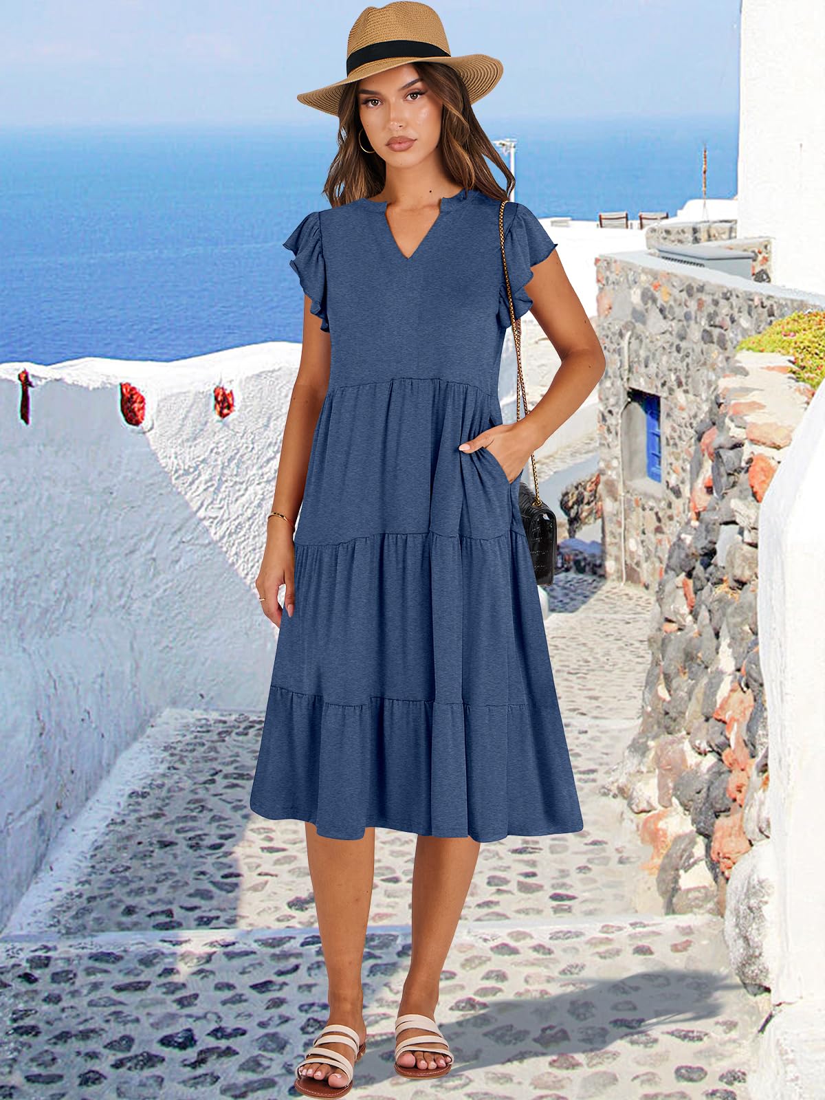 ANRABESS Womens Summer Dress Ruffle Sleeve V Neck Midi Dresses Fashion Casual Fit Flowy Tiered Boho Beach Vacation Sundress Blue-L