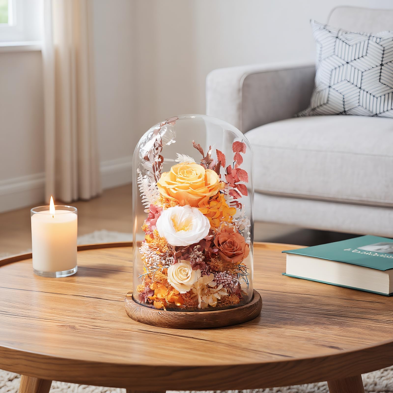 lovenfold Flowers for Delivery Prime Preserved Flowers Rose in Glass Dome,Orange Rose Forever Flowers Birthday Gifts for Women Mom Grandma Friend Thanksgiving Gifts for Her,Home Decor