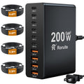 USB C Charging Station 10 Port with 4 USB Cables, 200W GaN Type C Charger Block, Wall Charger Power Strip Adapter Plug for iPad iPhone17 16 15 14 13 12 Pro Max Pixel Note Galaxy
