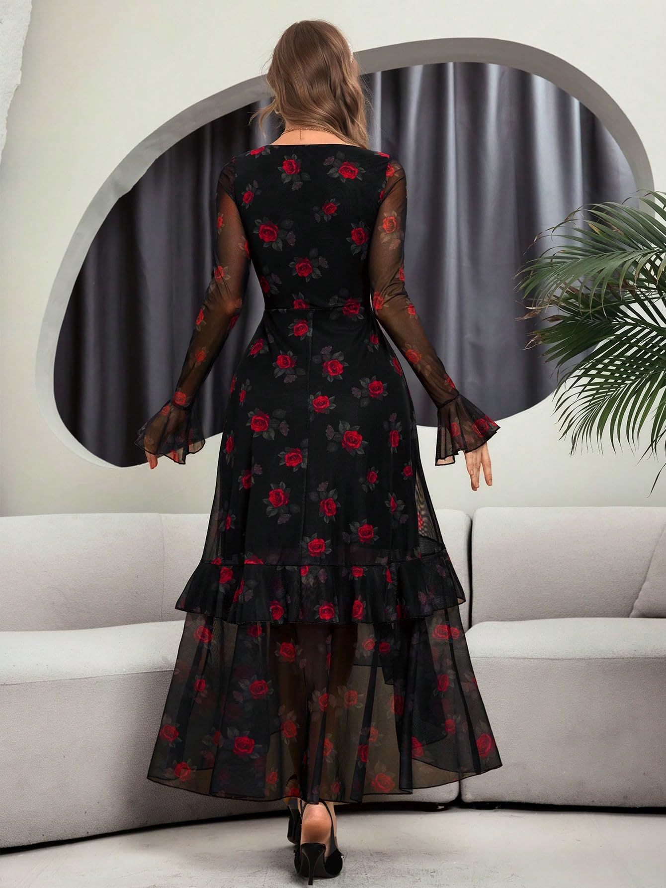 GothDark Women's Floral Mesh Dress Elegant Long Sleeve Square Neck Double Layer Ruffle Hem Casual Wedding Guest Maxi Dresses
