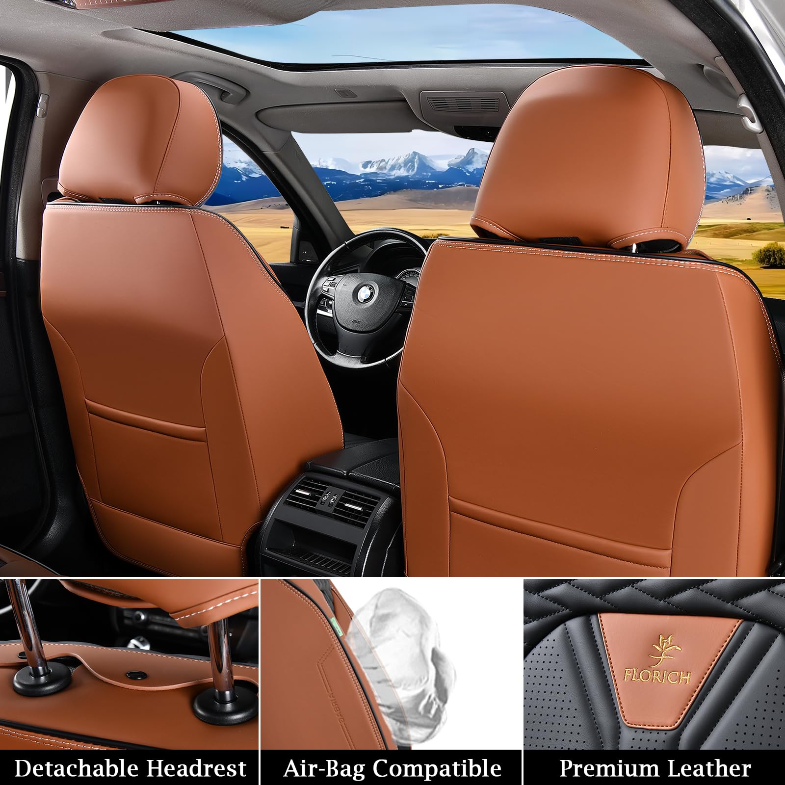 FLORICH Leather Seat Covers, Seat Covers Full Set, Car Seat Protectors 5 Seats,Automotive Seat Covers Fit for Most Cars Trucks-Brown&Black