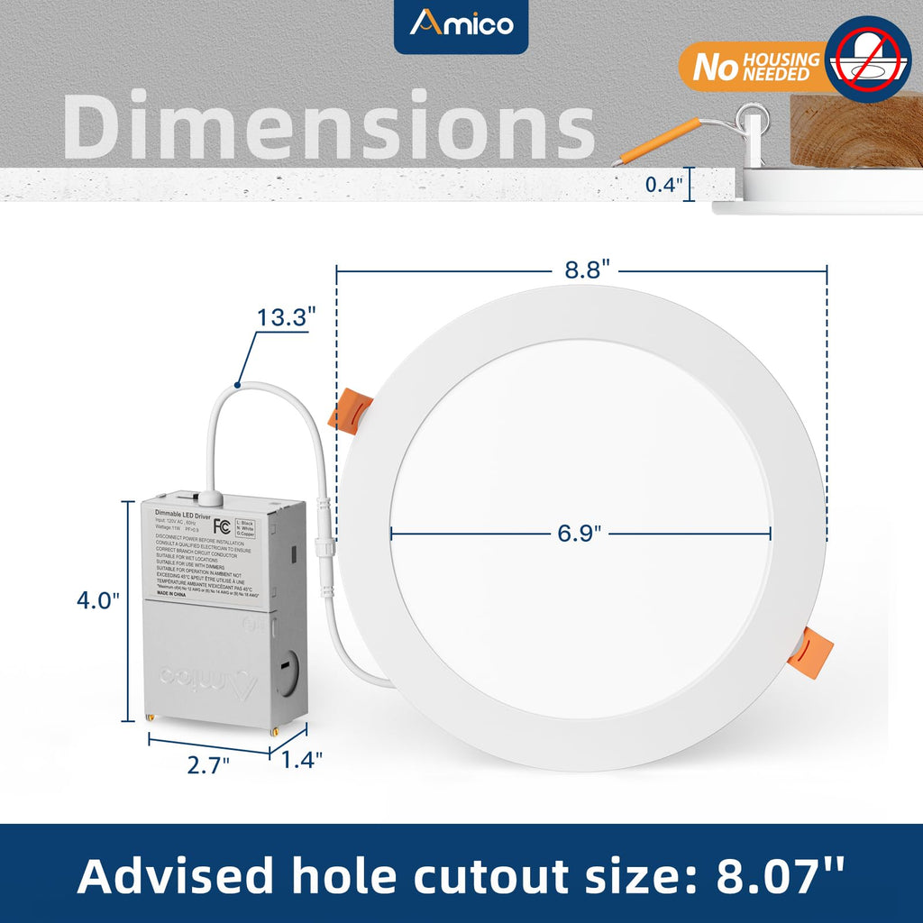 Amico 12 Pack 8 Inch 5CCT Ultra-Thin LED Recessed Ceiling Light with Junction Box, 2700K/3000K/3500K/4000K/5000K Selectable, 18W Eqv 125W, Dimmable Canless Wafer Downlight, 1600LM High Brightness -ETL