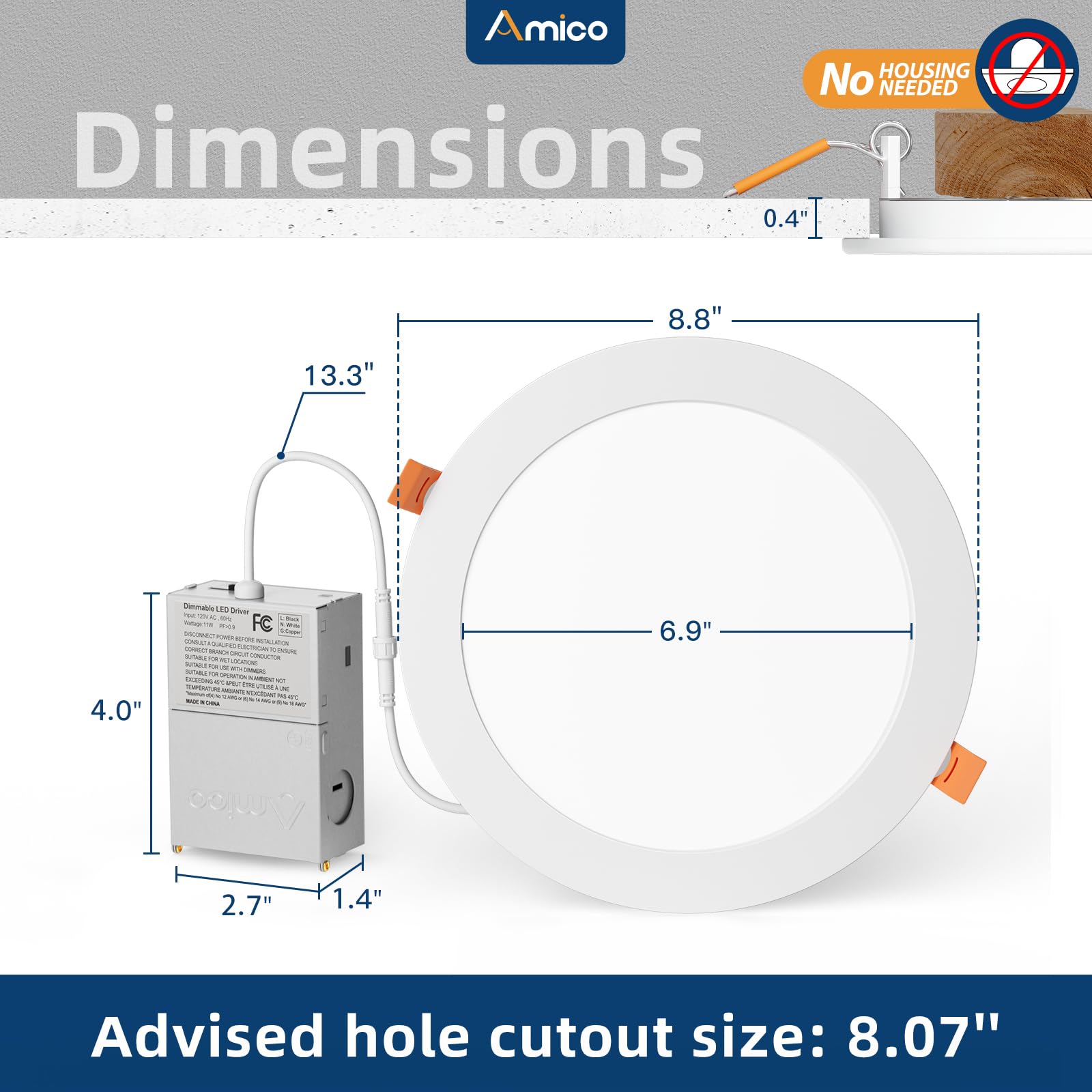 Amico 12 Pack 8 Inch 5CCT Ultra-Thin LED Recessed Ceiling Light with Junction Box, 2700K/3000K/3500K/4000K/5000K Selectable, 18W Eqv 125W, Dimmable Canless Wafer Downlight, 1600LM High Brightness -ETL