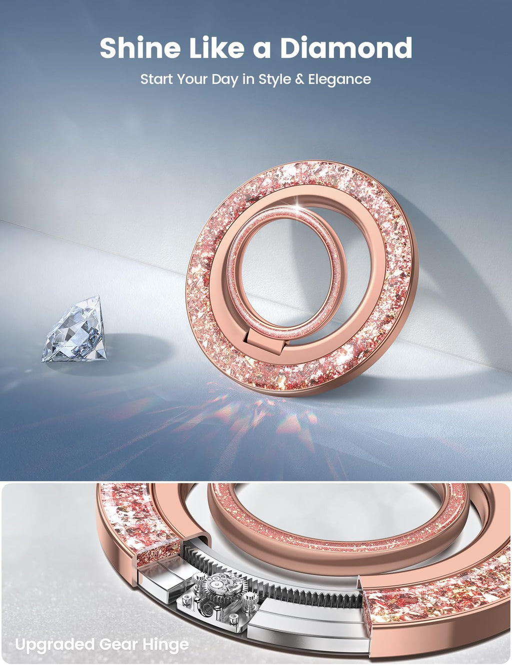 Lamicall Magnetic Twinkle Ring for MagSafe Grip - Stylish Glitter Gift for Women Grils, Magnet Phone Ring Finger Holder Stand, Gear Hinge Mag Safe Accessories for iPhone 17 16 Pro Max, Rose Gold