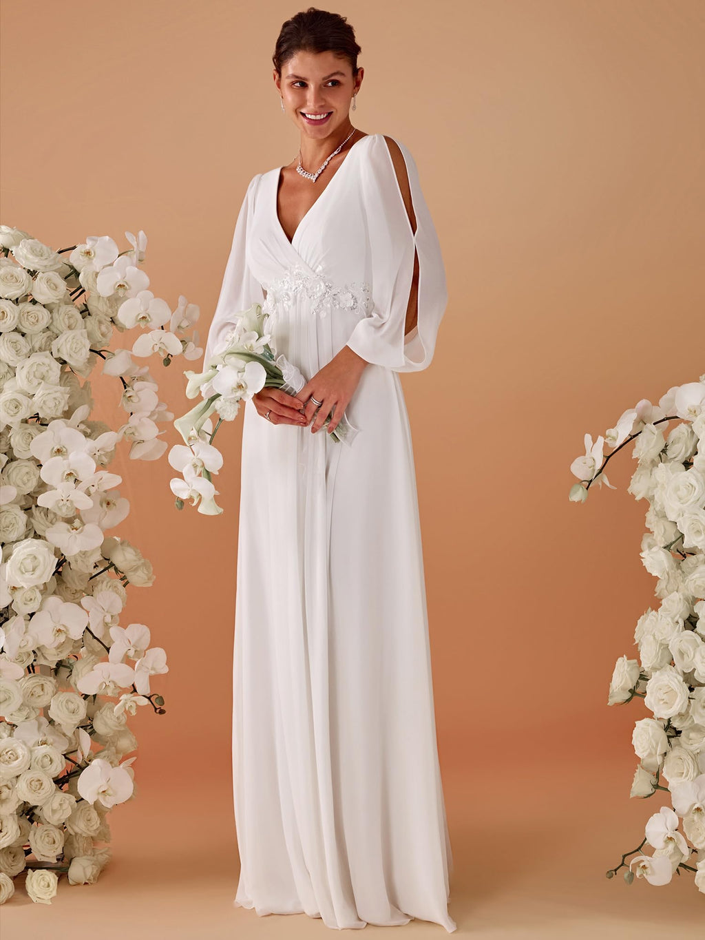 Ever-Pretty Women's V Neck Long Lantern Sleeves Floor Length Ruched Chiffon A-Line Formal Evening Dress Cream US10