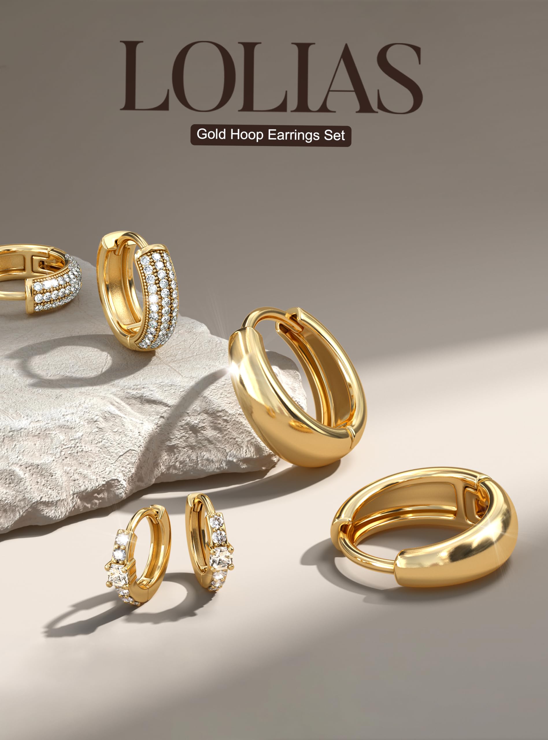 LOLIAS Small Chunky Hoop Earrings for Women, Non-Tarnish, Hypoallergenic, Huggie Silver Earring Stacks Set for Sensitive Ears, Multiple Piercing Jewelry, Lightweight, Classic 14K Gold Plated, 3 Pairs